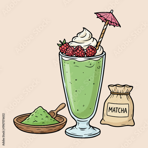 Healthy matcha green tea smoothie set, hand drawn iced matcha latte illustration, organic green tea powder and drink design, whipped cream and strawberry topping icons, japanese tea ceremony beverage 