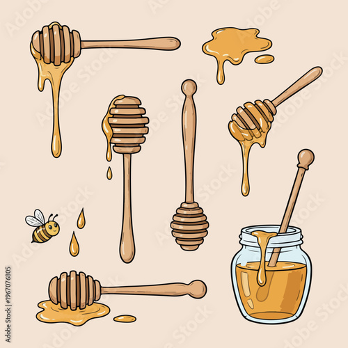 Natural honey and bee products collection, hand drawn honey dipper illustration, organic honey jar and honeycomb design, bumblebee and sweet nectar icons, healthy bee farm produce set, honey stick and