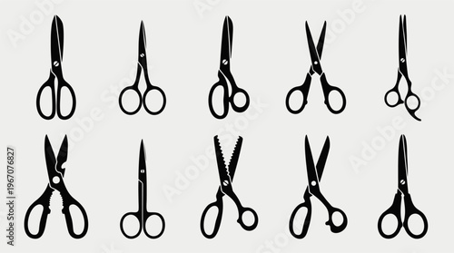 Collection of black scissors silhouettes. Isolated vector icons of tailor, barber, and office shears for craft and professional design