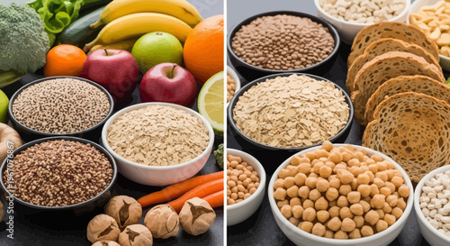 Healthy food ingredients, fruits, vegetables, grains, bowls, nutrition, meal prep