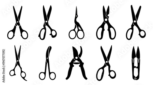 Set of black scissors silhouettes. Isolated vector icons of tailor, barber, and office shears for craft and professional design.