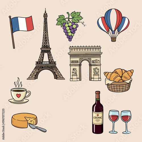 Paris France travel landmarks collection, hand drawn Eiffel Tower illustration, Arc de Triomphe and croissant design, romantic french vacation elements, wine and coffee cafe culture, hot air balloon a