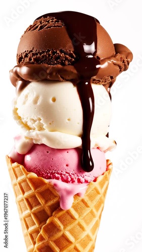 Colorful ice cream in waffle cone.