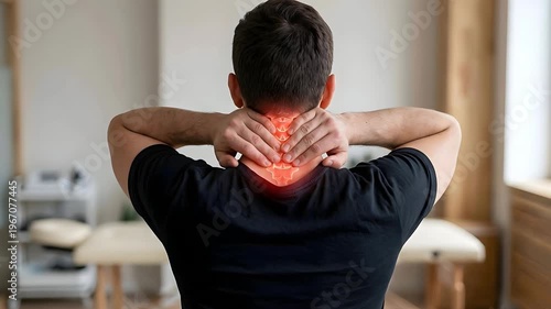 Man Holding Neck In Pain With Red Inflammation Highlights Showing Spinal Injury Or Discomfort In A Brightly Lit Room With Medical Equipment In