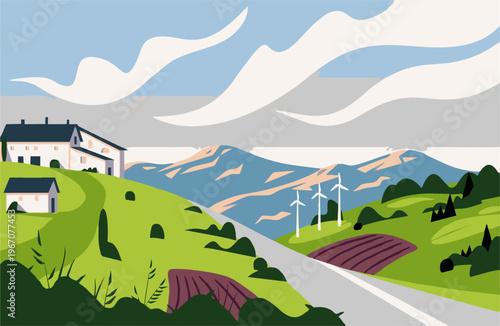 Minimalist rural landscape with hills, houses, and green meadows. Flat vector nature illustration in a clean, modern style