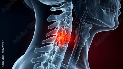 Medical X Ray Of Human Cervical Spine Showing A Crack In The Vertebrae With Red Highlighted Pain Area On Dark Blue And Red Gradient Background