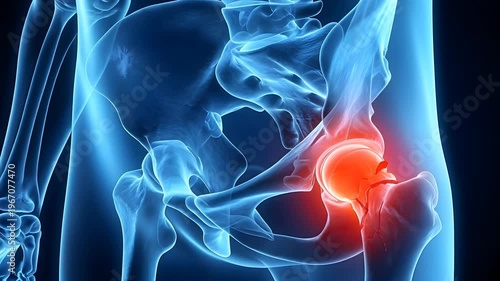 Medical X Ray of Human Pelvis Showing a Broken Hip Joint with Red Pain Highlighted Against a Dark Background