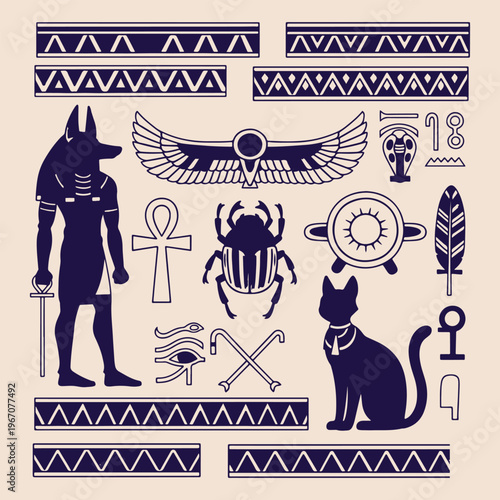 Ancient egyptian culture and mythology set, hand drawn anubis and pharaoh illustration, scarab beetle and ankh symbol design, egyptian cat and horus eye icons, hieroglyphic pattern and pyramid element