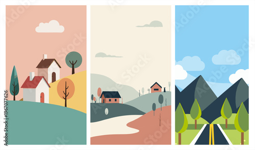 Tropical beach landscape with palm trees, ocean waves, and sun. Minimalist flat vector illustration in retro summer colors