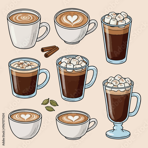 Delicious coffee and hot chocolate drinks, hand drawn cappuccino and latte illustration, hot cocoa with marshmallows design, espresso and mocha cup collection, morning cafe beverage doodle set, whippe