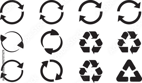 Essential collection of recycling and refresh icons representing circular processes and environmental sustainability