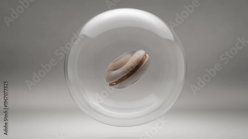 A close-up shot of a small object encased in a clear glass sphere on a gray surface