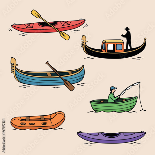 Different types of boats and kayaks, hand drawn water transport illustration, rowing boat and gondola design, fishing boat and inflatable raft, river and lake travel vessels, nautical outdoor adventur