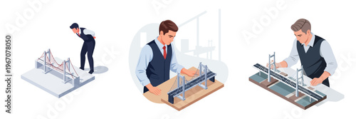Bridge Architect's Design: An architect concentrates intently, deeply immersed in reviewing and refining a bridge model. His careful actions represent precision and planning.