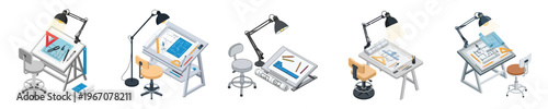 Set of isometric drafting tables with lamps and stools, showcasing architectural design and creative workspace