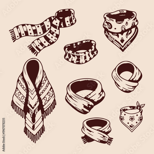 Winter knitted scarf and bandana collection, hand drawn neck warmer illustration, cozy autumn clothing accessories, stylish textile fabric patterns, winter fashion apparel set, neck gaiter and shawl d