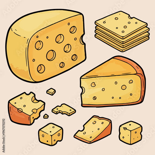Different types of cheese collection, hand drawn dairy product illustration, cheddar and swiss cheese wedges, gourmet food appetizers design, yellow cheese slices and blocks, milk product doodle set, 