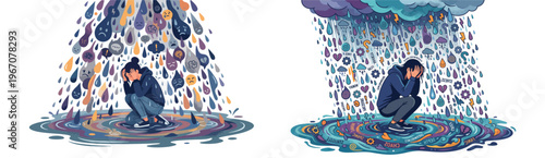 Colorful illustration of birds in rain.