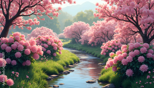 Beautiful Spring Cherry Blossom Landscape with Pink Flowers and Stream in Natural Park Setting