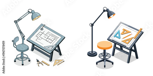 Illustration of two drafting tables with lamps, stools, and drafting tools