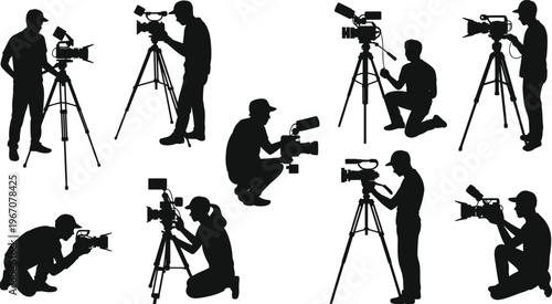 Cameraman videographer silhouette vector illustration filming video production crew camera operator shooting media tripod professional equipment isolated set