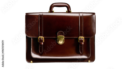 Rich brown leather briefcase with brass hardware, isolated on transparent background