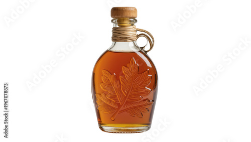 Glass maple syrup bottle with embossed leaf design, isolated on transparent background