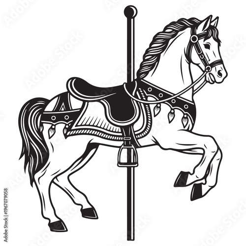 Classic Carousel Horse Black and White Illustration