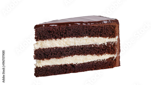 Rich chocolate cake slice with creamy white filling glazed top, isolated on transparent background