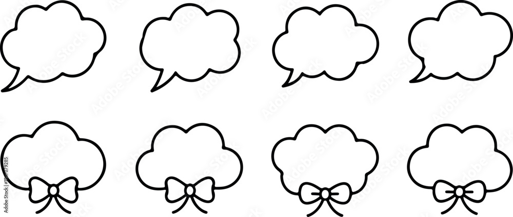 Fototapeta premium Set of cute cloud shaped empty speech and thought bubbles adorned with elegant bows for creative design projects