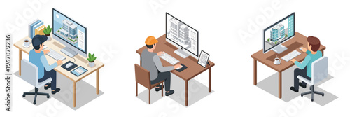 Isometric illustration showcasing architectural and engineering professionals diligently working on construction project blueprints and digital building designs in a modern office setup