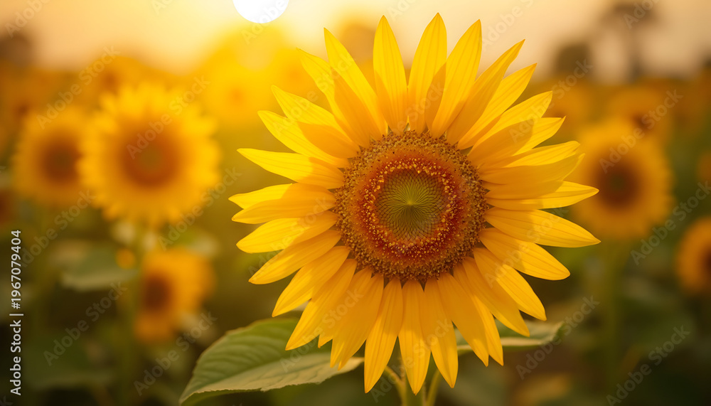 Fototapeta premium Bright Yellow Sunflower Facing Camera in Sunlit Field During Golden Hour