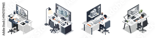 Isometric illustrations depicting professionals working at their office desks, utilizing computers for architectural design, engineering, and various digital creative projects