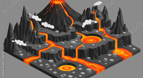 Volcano landscape with flowing lava and smoke.