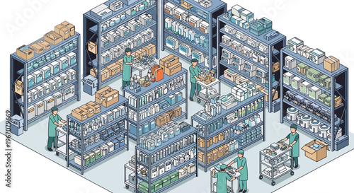 Isometric Warehouse Interior with Workers and Shelving Units.