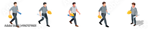 Professional male engineers and architects concept art in isometric style, holding hard hats and construction plans, symbolizing modern building and design