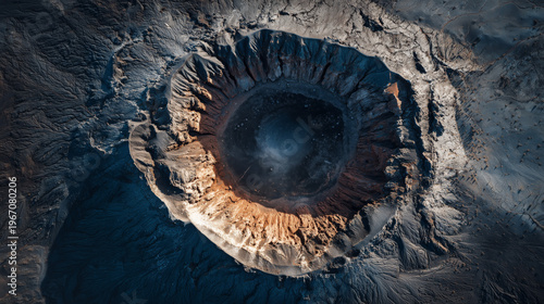 Aerial view of a volcanic crater with a dark blue lake at its center, showcasing rugged terrain and geological formations.