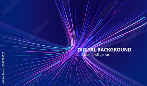 Technology Artificial Intelligence banner with perspective lines. Ai big data stream lines waves on blue background. Futuristic network connect vector fast blurred design.