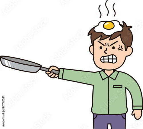 Angry man cartoon holding frying pan with egg on head stress frustration emotion humor vector illustration isolated character design