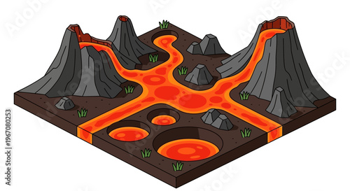 Volcanic landscape with flowing lava and craters illustration.