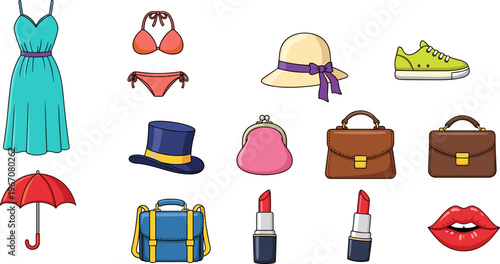 Colorful fashion accessories set illustration dress bikini hat shoes handbags lipstick umbrella backpack vector isolated on white background stylish collection