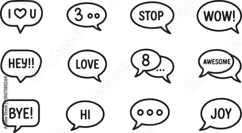 Assortment of expressive black and white speech bubbles featuring common short words and phrases for instant messaging
