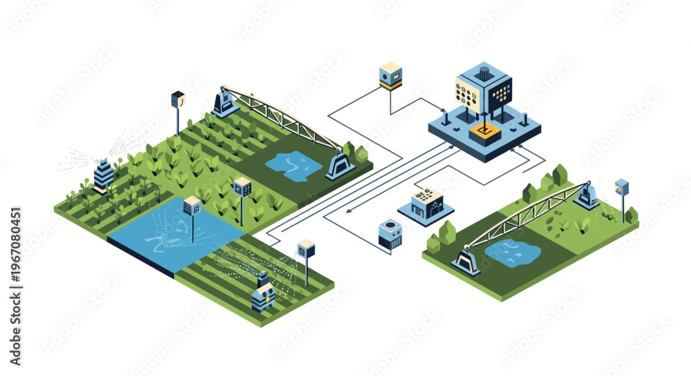 Obraz premium Smart farming technology system illustration isometric view.