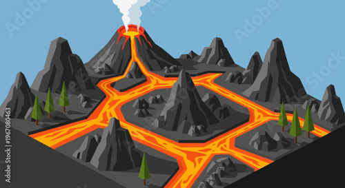 Volcano Erupting With Flowing Lava Streams Illustration.