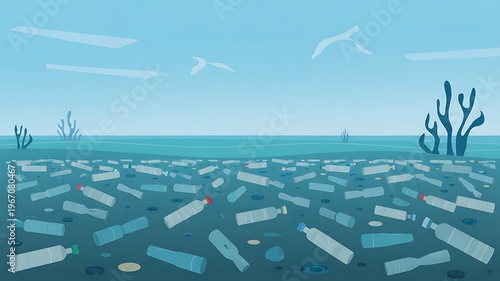 Ocean surface covered with numerous discarded plastic bottles and garbage