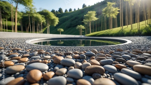 Serene landscape with circular water feature amidst smooth stones and greenery