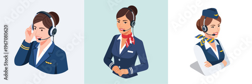 Professional women in customer service and communication roles, illustrated with headsets, representing diverse support staff and airline personnel ready to assist clients