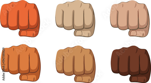 Diverse human fist icons different skin tones hand gesture punch symbol equality unity strength vector illustration isolated collection set