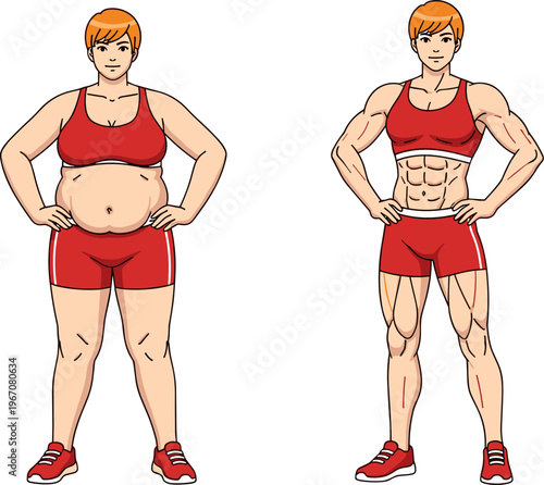 Female body transformation before after weight loss fitness progress muscular athlete healthy lifestyle workout training vector illustration comparison concept