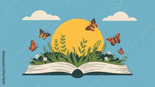 Open book with vibrant nature, green plants, butterflies, sun, and clouds on blue sky